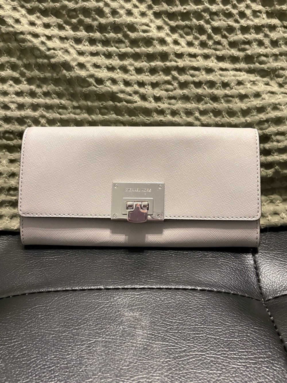 Michael Kors light grey clutch wallet with silver hardware